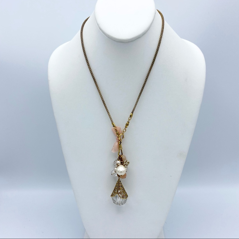 Faux Pearl Beaded Bow Gold Tone Y Necklace